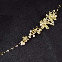 Jual Hiasan rambut Headpiece Crown konde sanggul bunga daun mutiara emas Murah