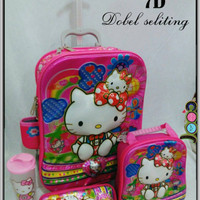 Jual Sale ! Tas Trolley Anak 2 Ruang/Resleting Hello Kitty 7D 4in1 Murah