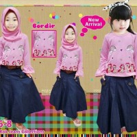 Baju Muslim Anak Perempuan Little Pineapple Pony Pink Muda Rok Denim