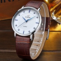 WWOOR 8811 Jam Tangan Pria Klasik Tipis Tali Kulit - Brown White
