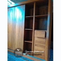 Lemari Pakaian 4 Pintu Sliding & Laci, Almari Minimalis Kayu Jati