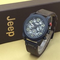 JAM TANGAN DISTRO GAUL PRIA JEEPP KULIT GELAP COKELAT ANGKA KUNING NE