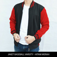 Jual Jaket Baseball Polos Hitam Lengan Merah | Jaket Varsity Polos Murah Murah