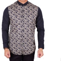 Baju Kemeja Pria Polos Hitam Kombinasi Batik Tribal Lengan Panjang Cow
