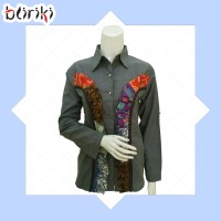 BW25 Kemeja Katun Kombinasi Batik Cap Ruffles Lengan Panjang Wanita