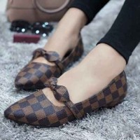 Mz Sepatu Wanita Flat Shoes Slip On Kulit Kotak-Kotak Variasi Pita