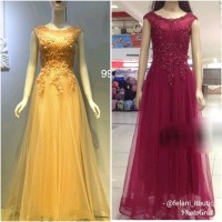Gaun pesta brokat tutu import - Longdress party gold maroon Premium