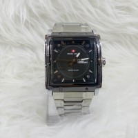 Jam Tangan Pria/Cowok Swiss Army Petak Silver Black + Bonus Tali Kulit