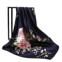 Navy Blue Hijab Shawl Scarf Women's Satin Fashion China Roses Flower