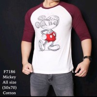 Kaos Casual Pria Raglan Mickey Mouse Sketsa Putih Lengan Merah 7186