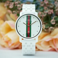 Jam Tangan Wanita GUCCI CERAMIK ASLI White Silver Premium