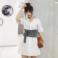 Dress Mini Wanita V-Neck Lengan Pendek Casual Elegan Warna Putih S,M,L