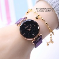 Jam Tangan Wanita / Cewek Fossil Ladies Magnet Pasir Purple + Gelang