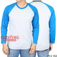 PLS 102 Kaos Raglan Panjang Pria Polos Cotton Combed Putih Misty Biru