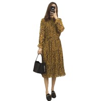2018 Retro Bunga Cetak Wanita Gaun Sifon Lengan Panjang Vintage