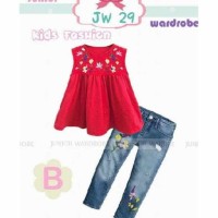 Baju Setelan Anak Perempuan Warna Merah Motif Bunga Celana Jeans Anak
