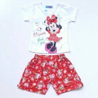 Baju Setelan Anak Perempuan Kaos Minnie Celana Pendek Katun Bunga mu