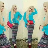 promo Baju Busana Muslim Hijab Biru Muda Peplum Tribal Set 3in1 New T