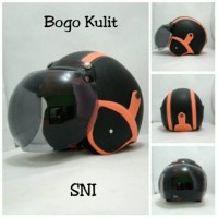 Helm Bogo Retro SNI Kulit Classic Orange Hitam + Kaca Bogo Ori