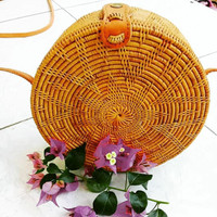 Jual TAS ROTAN BULAT 20cm ~ Motif Flower / Tas Ate / Rattan Bag Murah