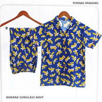 Baju Tidur Katun Piyama Panjang Banana Sunglass Navy