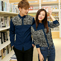 Kemeja Couple Lengan Panjang Baju Couple Kemeja Leaf Navy Susan