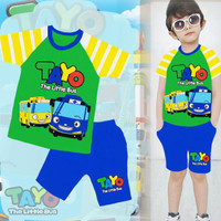 Baju Setelan Anak Laki London Kids Kaos Raglan Bus Tayo Hijau Kuning