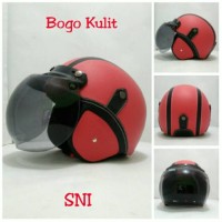 Helm Bogo Retro SNI Kulit Classic Merah Hitam + Kaca Bogo Ori Promo