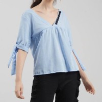 Fashion Wanita baju cewek pakaian wanita blouse biru kerah v list