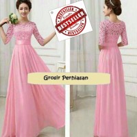 promo MAXI DRESS 2 ukuran LONGDRESS GAUN PESTA KOMBINASI BROKAT PINK