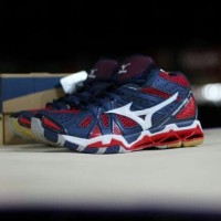 SEPATU SPORT MIZUNO TR9 MID NAVY LIST PUTIH PREMIUM QUALITY