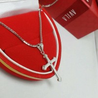 Kalung+ liontin salib polos silver 925 lapis emas putih