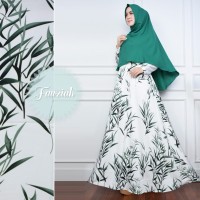 PUTIH HIJAU Gamis Set Amunzen Motif Daun Syari Baju Busana Muslimah