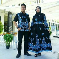 BAJU BATIK COUPLE GAMIS MOTIF BUNGA2 KECIL BIRU TERBARU