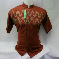 Baju koko kemko lengan pendek warna merah bata motif bordir khas Tasik