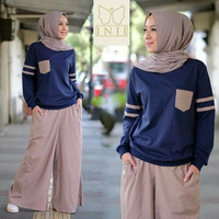 Baju Terusan Muslim Hijab Koko Wanita 1 Set Untuk Hari Raya - Navy