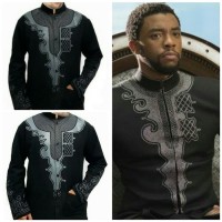 Outfit Jubah Jasko Hijab Muslim Baju Koko Black Panther Hitam Printing