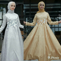 open PO Gamis Pesta Layla Jacquard Grey Gold Maxi Gown fnd labels