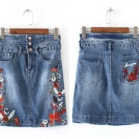 Jual Rok Span Mini Skirt Jeans Denim Bordir Bunga Baju Wanita Korea Import Murah