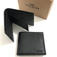 DOMPET PRIA COACH ORIGINAL - COACH COMPACT ID WALLET BLACK CROSSGRAIN