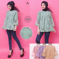 BAJU MUSLIM TERKINI BLUS BROKAT TILE ATASAN WANITA TANGAN BALON BRUKA