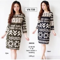 Jual SEVN739 - DRESS BATIK WANITA MODERN ETNIK SEPAN MIDI KANTOR MURAH Murah