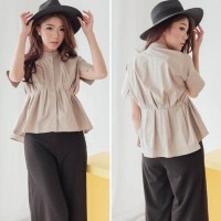 Baju Blus Hem Kemeja Wanita Lengan Pendek Putih Hijau Korea Import