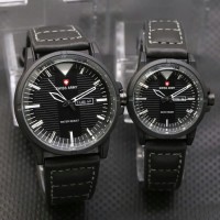 JAM TANGAN COUPLE SWISS ARMY DATE BLACK LEATHER PREMIUM