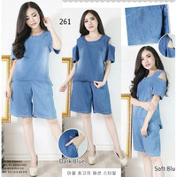 Set stelan Baju Celana Wanita Pundak Sabrina Jeans Import Big Size XL
