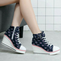 Jual SEPATU KETS SNEAKERS WEDGES HAK TINGGI 7CM DENIM JEANS MOTIF Murah