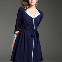 oi669- baju terusan wanita dress import biru kerah v neck