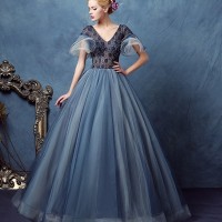 Gaun Pengantin 1804013 Biru V Neck Lengan Pendek Wedding Gown