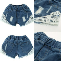 CELANA PENDEK JEANS RIPPED SOBEK ANAK PEREMPUAN APPLIKASI LACE