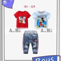Baju Setelan Mickey Mouse 3in1 Kaos Mickey Warna Merah Celana Jeans